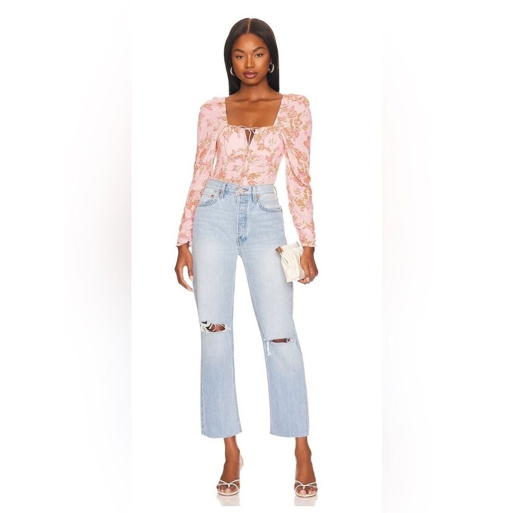 Free People Hilary Printed Top M Pink Floral Ruched Puff Sleeve Blouse Festival